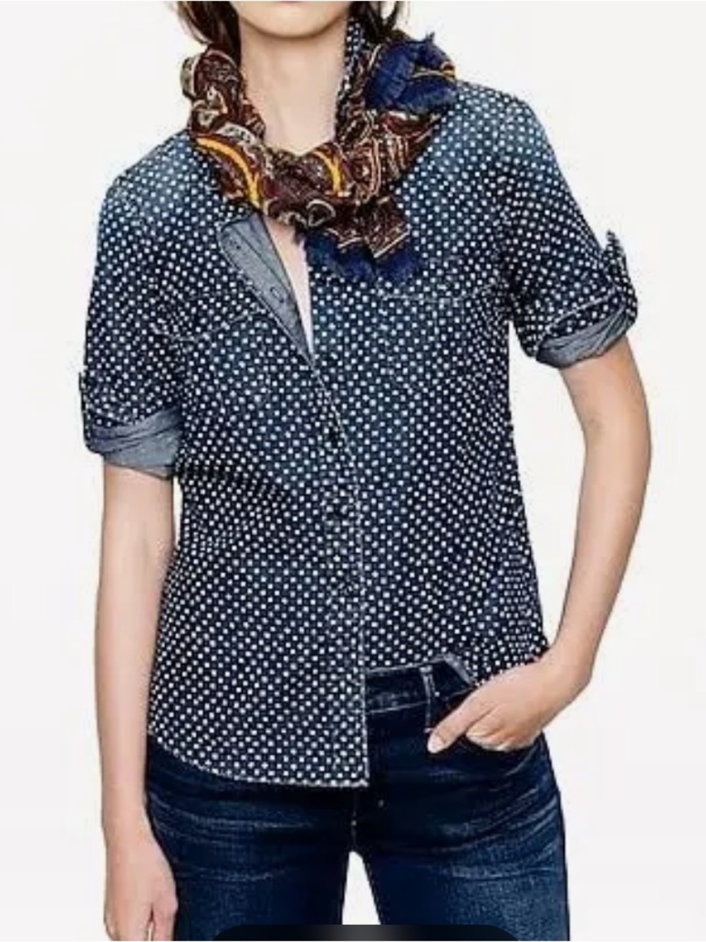 J.Crew Women's Sz 8 Keeper Chambray Star Dotted Navy Blue White Button Up Shirt